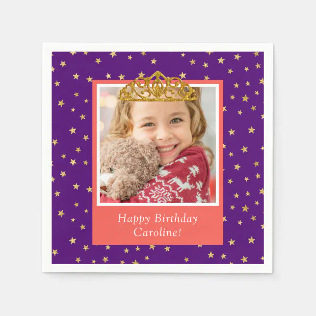 Personalized Kid Photo Happy Birthday Gold Crown Napkins 