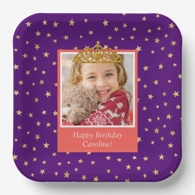 Personalized Kid Photo Happy Birthday Gold Crown Paper Plates (Front)
