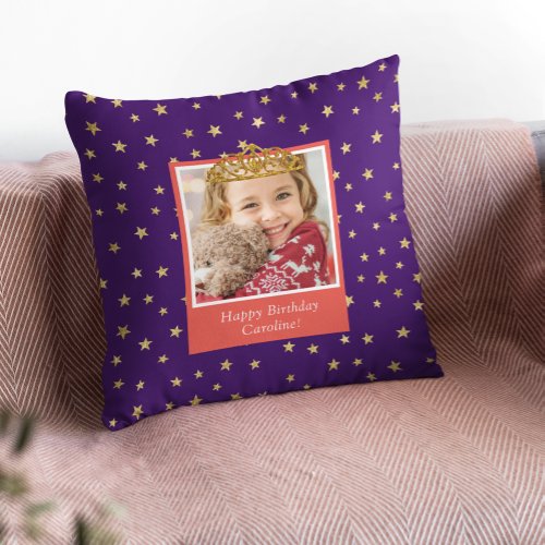 Personalized Kid Photo Happy Birthday Gold Crown Throw Pillow