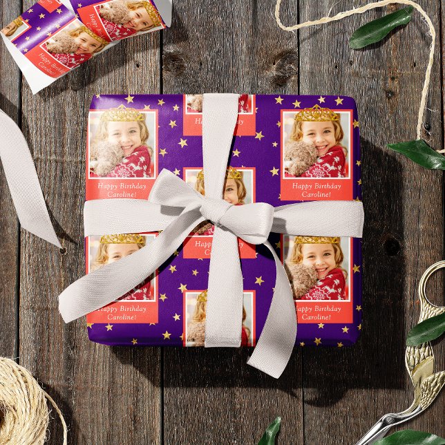 Personalized Kid Photo Happy Birthday Gold Crown Wrapping Paper (Creator Uploaded)