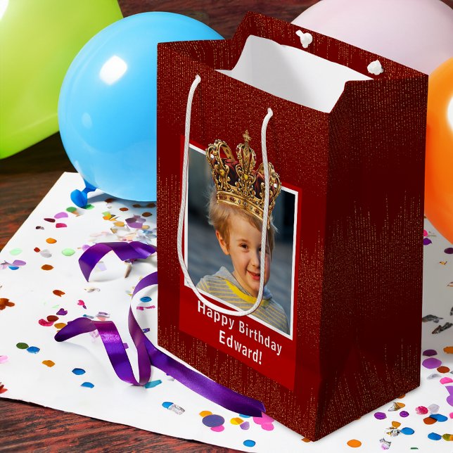 Personalized Kid Photo Happy Birthday King Crown Medium Gift Bag (Creator Uploaded)
