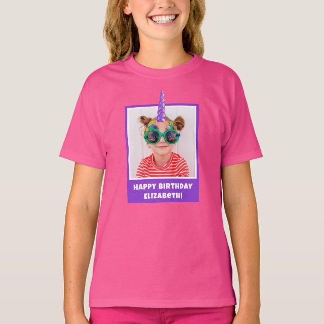 Personalized Kid Photo Happy Birthday Unicorn T-Shirt (Front)