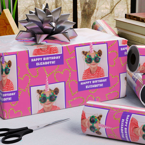 Personalized Kid Photo Happy Birthday Unicorn Wrapping Paper