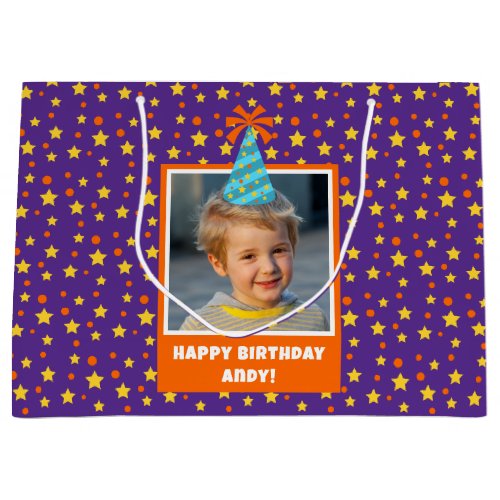Personalized Kid Photo Happy Birthday w Blue Hat Large Gift Bag