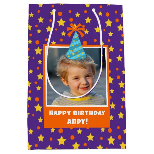 Personalized Kid Photo Happy Birthday w Blue Hat Medium Gift Bag