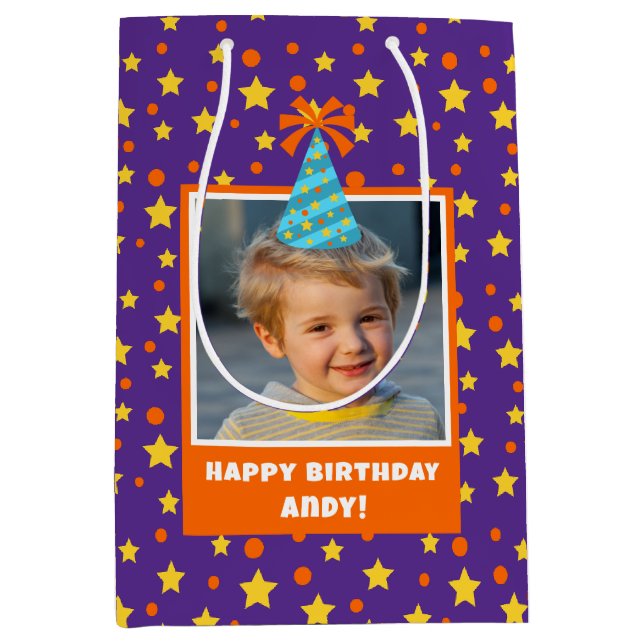 Personalized Kid Photo Happy Birthday w/ Blue Hat Medium Gift Bag (Front)