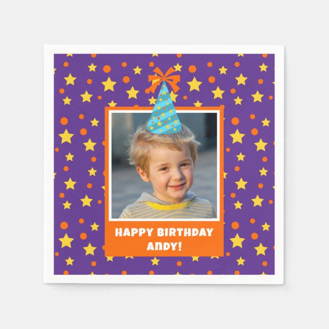 Personalized Kid Photo Happy Birthday w/ Blue Hat Napkins (Front)