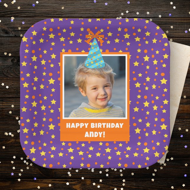 Personalized Kid Photo Happy Birthday w/ Blue Hat Paper Plates (Creator Uploaded)