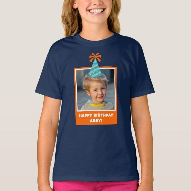 Personalized Kid Photo Happy Birthday w/ Blue Hat T-Shirt (Front)