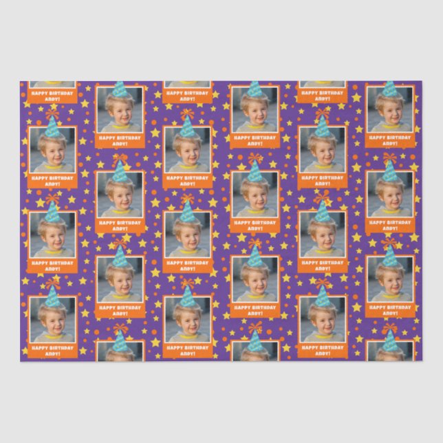 Personalized Kid Photo Happy Birthday w/ Blue Hat Tissue Paper (Front)