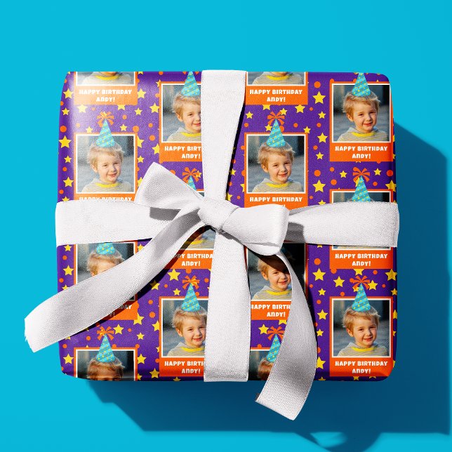 Personalized Kid Photo Happy Birthday w/ Blue Hat Wrapping Paper (Creator Uploaded)