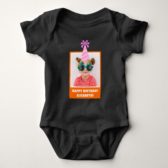 Personalized Kid Photo Happy Birthday w/ Pink Hat Baby Bodysuit (Front)