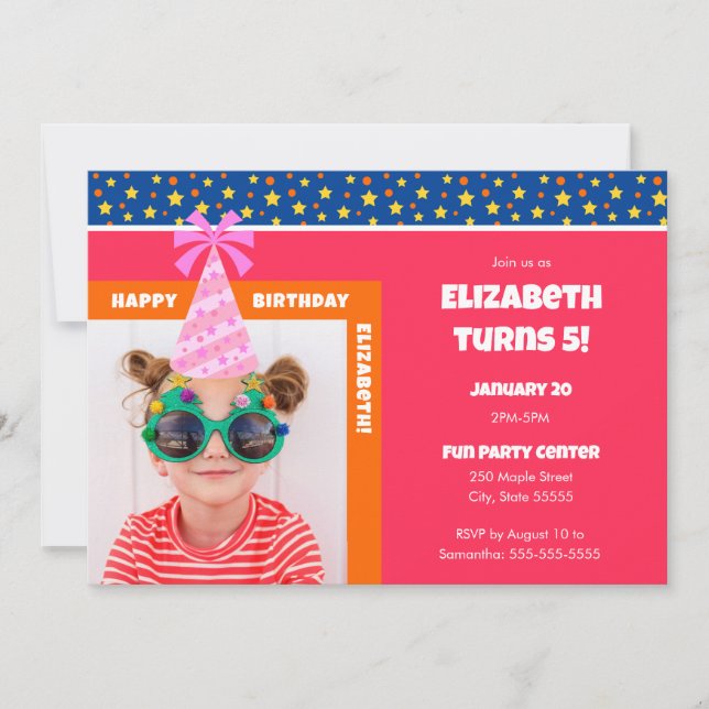 Personalized Kid Photo Happy Birthday w/ Pink Hat Invitation (Front)