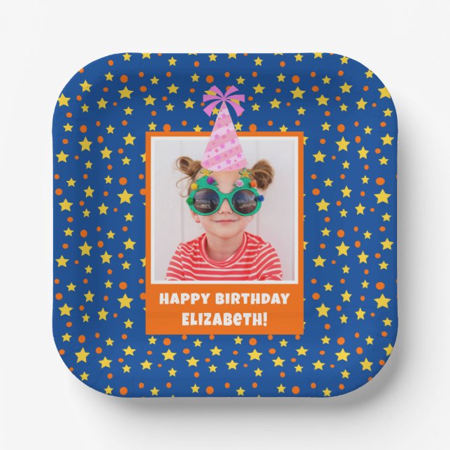 Personalized Kid Photo Happy Birthday w/ Pink Hat Paper Plates (Front)