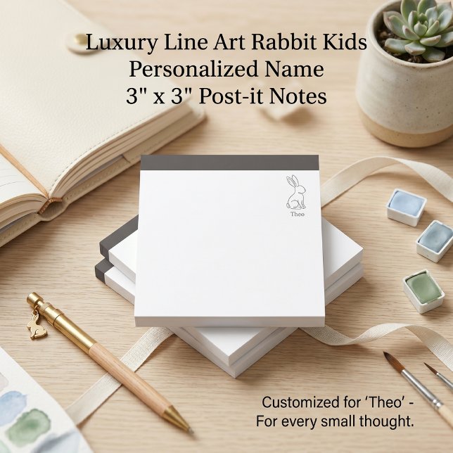 Personalized kids 3x3 | Minimalist line art Rebbit Post-it Notes (Quiet Luxury Rabbit Line Art Kids Personalized Post-it Notes 3x3 | Custom Name Back to School  )