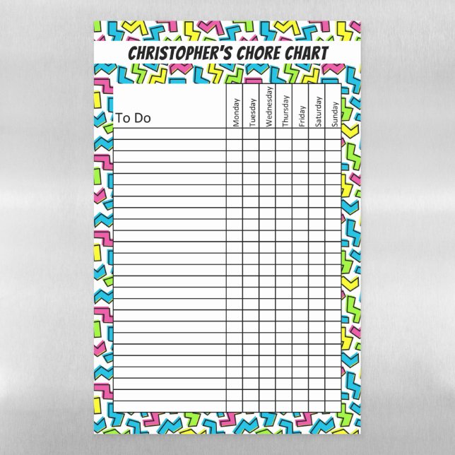 Personalized Kids 80s Pattern Chore Chart Magnetic Dry Erase Sheet (Vertical)