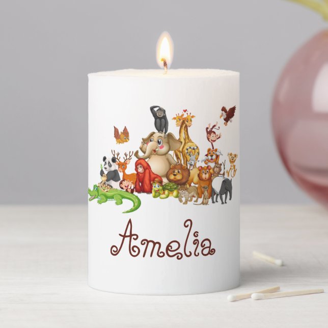Personalized Kid's animals Square Sticker Pillar Candle (In Situ)