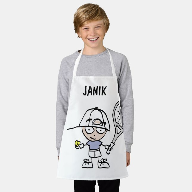Personalized kid's apron with cute tennis cartoon (Worn)