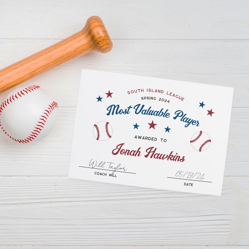 Personalized Kids Baseball Team Award Certificate