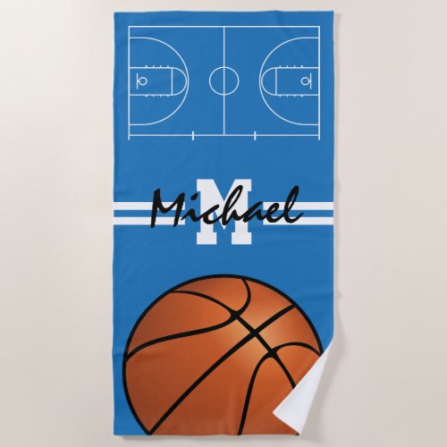 Personalized Kids Basketball Monogram Beach Towel - Personalized kids beach towel featuring a blue background that can be changed to any color, a basketball court, your initials, name and and a basketball.