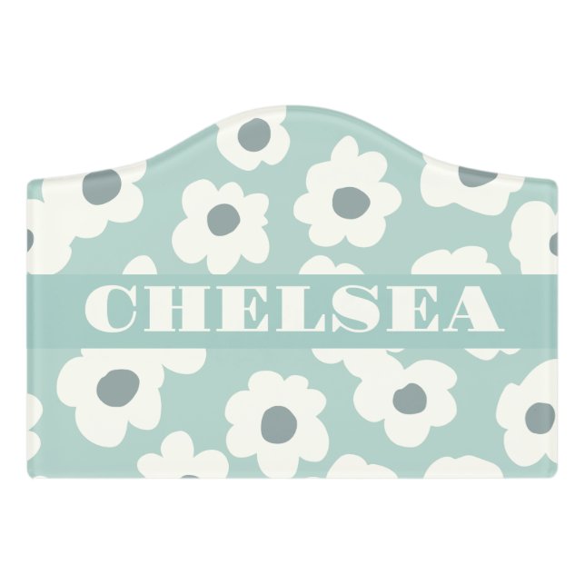 Personalized Kids Bedroom Sign- Retro Flowers Door Sign (Small Crest Front)