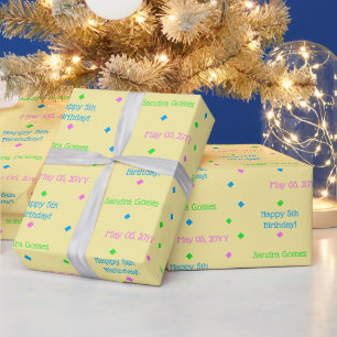 Personalized Kids Birthday Pink Blue Green Yellow Wrapping Paper