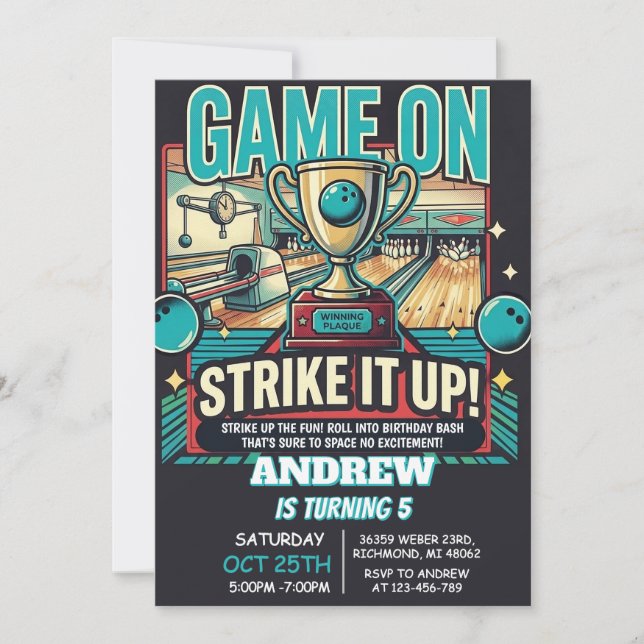 Personalized Kids Bowling Birthday Invitations (Front)