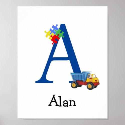 Personalized Kids Boys Name Letter A Truck Puzzle Poster