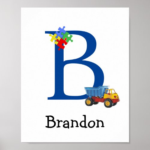 Personalized Kids Boys Name Letter B Truck Puzzle Poster