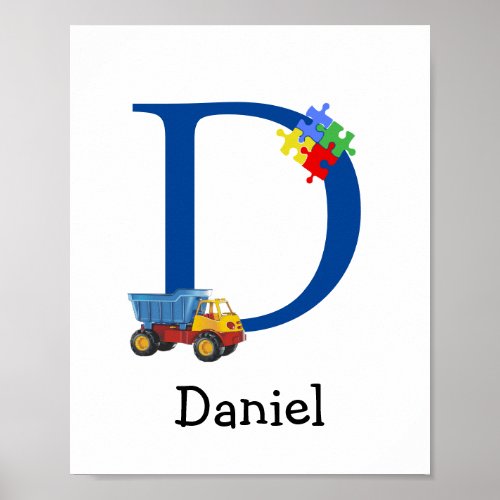 Personalized Kids Boys Name Letter D Truck Puzzle Poster