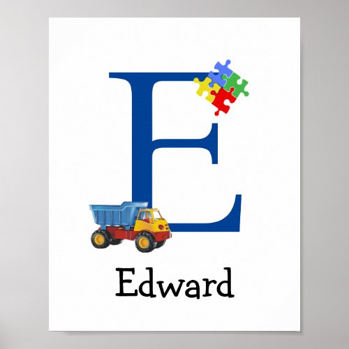 Personalized Kids Boys Name Letter E Truck Puzzle Poster