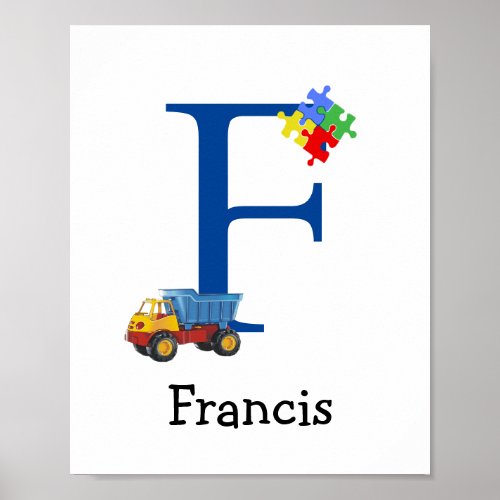 Personalized Kids Boys Name Letter F Truck Puzzle Poster