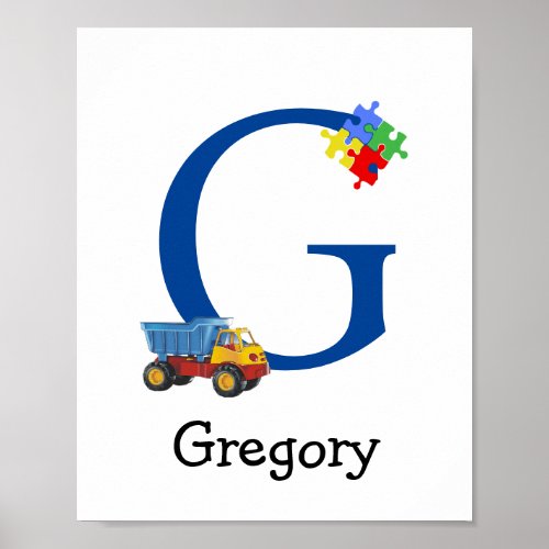 Personalized Kids Boys Name Letter G Truck Puzzle Poster