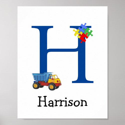 Personalized Kids Boys Name Letter H Truck Puzzle Poster