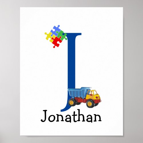 Personalized Kids Boys Name Letter J Truck Puzzle Poster