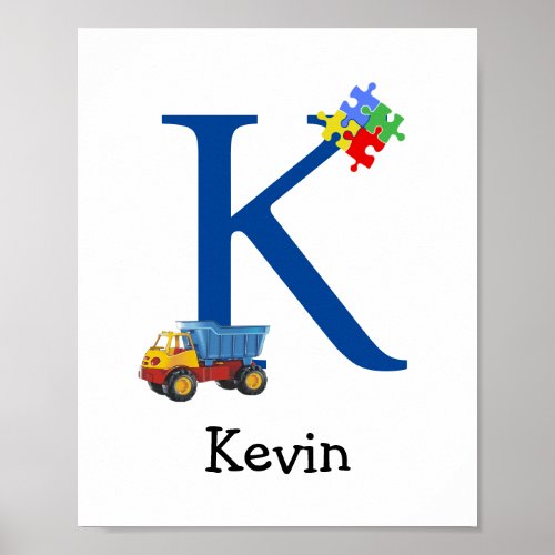 Personalized Kids Boys Name Letter K Truck Puzzle Poster