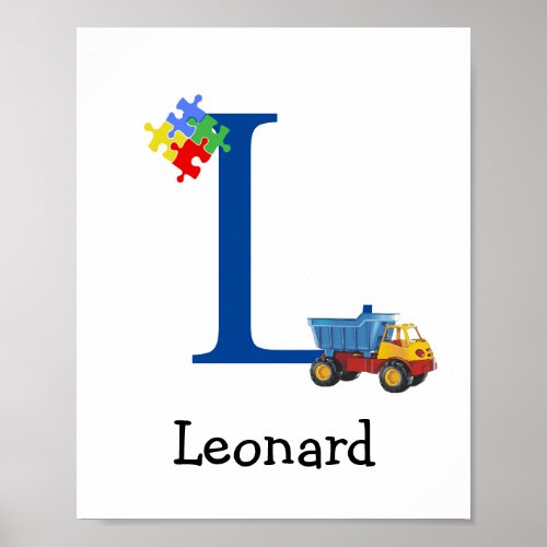 Personalized Kids Boys Name Letter L Truck Puzzle Poster