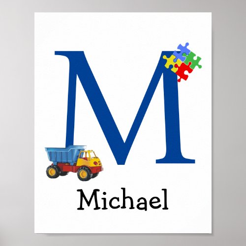 Personalized Kids Boys Name Letter M Truck Puzzle Poster