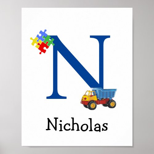 Personalized Kids Boys Name Letter N Truck Puzzle Poster