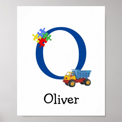Personalized Kids Boys Name Letter O Truck Puzzle Poster