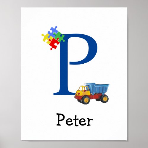 Personalized Kids Boys Name Letter P Truck Puzzle Poster