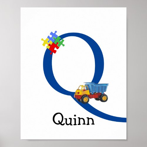 Personalized Kids Boys Name Letter Q Truck Puzzle Poster
