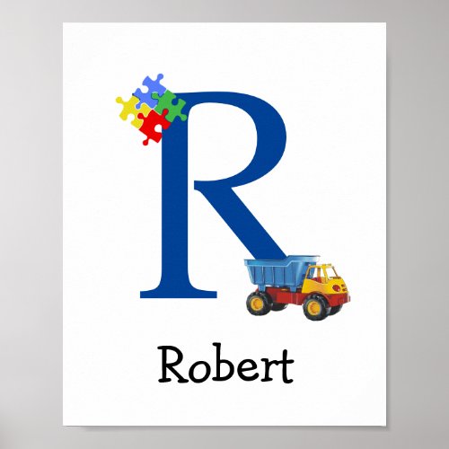 Personalized Kids Boys Name Letter R Truck Puzzle Poster