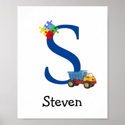 Personalized Kids Boys Name Letter S Truck Puzzle Poster