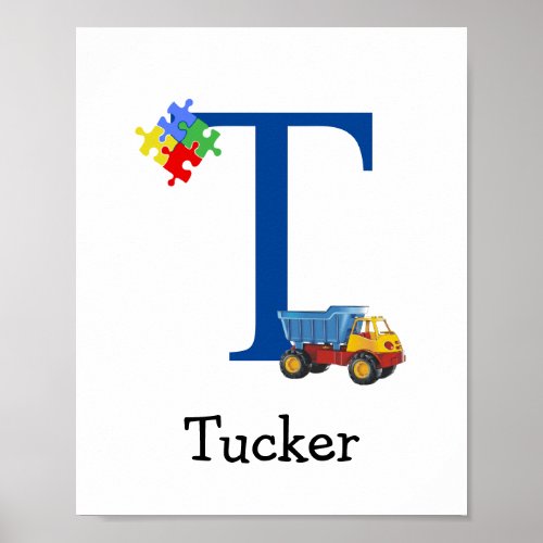 Personalized Kids Boys Name Letter T Truck Puzzle Poster
