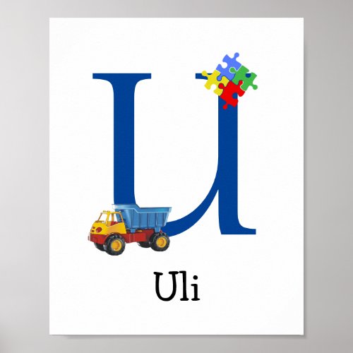 Personalized Kids Boys Name Letter U Truck Puzzle Poster