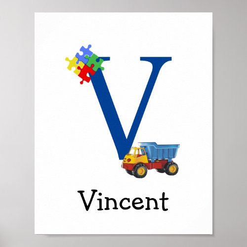 Personalized Kids Boys Name Letter V Truck Puzzle Poster