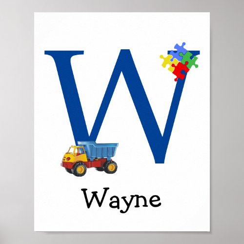 Personalized Kids Boys Name Letter W Truck Puzzle Poster