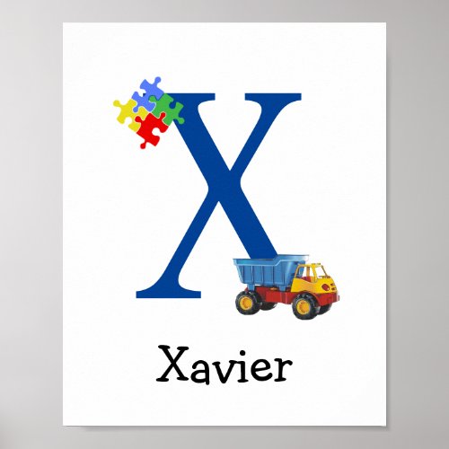 Personalized Kids Boys Name Letter X Truck Puzzle Poster
