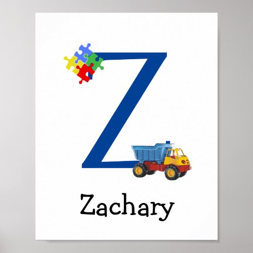 Personalized Kids Boys Name Letter Z Truck Puzzle Poster